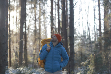 Fototapeta na wymiar winter landscape forest backpack man / traveler in modern winter clothes in the forest, traveling in the mountains europe, switzerland winter