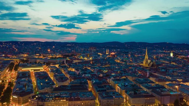 night illumination vienna riverside cityscape prater park aerial panorama 4k timelapse austria 