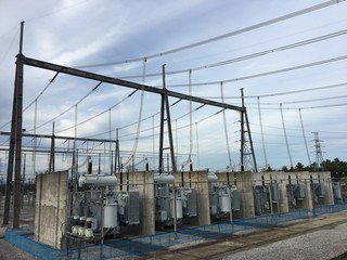 Power transformer in high voltage switchyard in modern electrical substation.