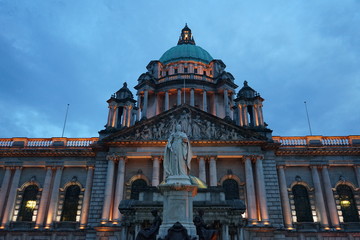 Fototapeta na wymiar Blue Hour on a Belfast Building, Antrim, Northern Ireland