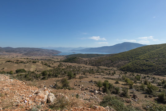 View over the landscape to lake Prespa in Albania