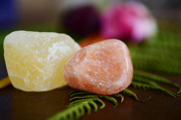 Set of 2 Adorable Orange Calcite. Crystals for sexuality, creativity, and optimism! Light orange calcite, Raw Calcite and Tumbled Calcite! Natural lighting, macro photography. Reiki energy healing.