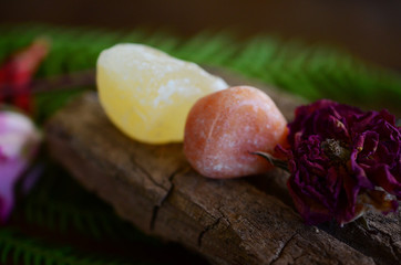 Set of 2 Adorable Orange Calcite. Crystals for sexuality, creativity, and optimism! Light orange calcite, Raw Calcite and Tumbled Calcite! Natural lighting, macro photography. Reiki energy healing.
