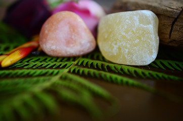 Set of 2 Adorable Orange Calcite. Crystals for sexuality, creativity, and optimism! Light orange calcite, Raw Calcite and Tumbled Calcite! Natural lighting, macro photography. Reiki energy healing.
