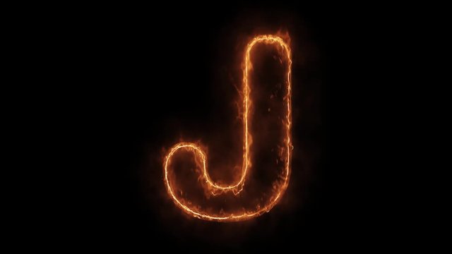 Alphabet J Word Hot Animated Burning Realistic Fire Flame and Smoke Seamlessly loop Animation on Isolated Black Background. Fire Word, Fire Text, Flame word, Flame Text, Burning Word, Burning Text.