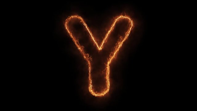 Alphabet Y Word Hot Animated Burning Realistic Fire Flame and Smoke Seamlessly loop Animation on Isolated Black Background. Fire Word, Fire Text, Flame word, Flame Text, Burning Word, Burning Text.