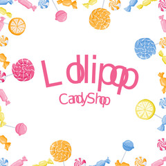 Candies, lollipop square frame composition vector illustration
