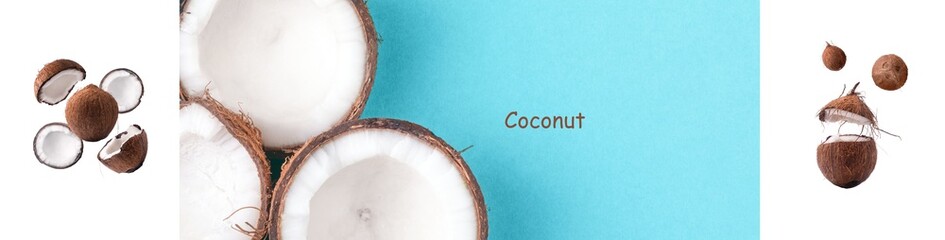 Creative layout made of coconut on blue background. Flat lay. Food concept. panoramic image