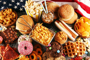 Unhealthy products. food bad for figure, skin, heart and teeth.