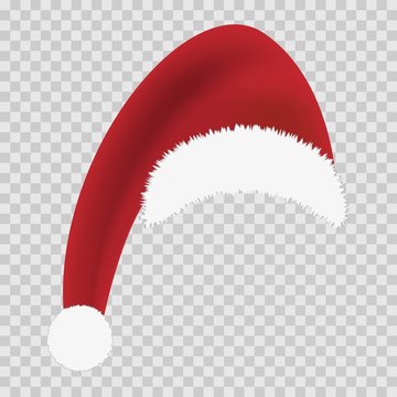 Red Santa hat on transparent background. Template design for Happy New Year and Merry Christmas. Mock up for greeting card, discount banner, web or print.