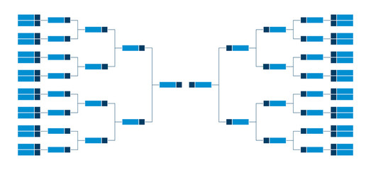 Vector championship single elimination tournament bracket or tree diagram in blue color isolated on white. Fields for 32 players or teams, 16 from each side. It is suitable for all kinds of sports.