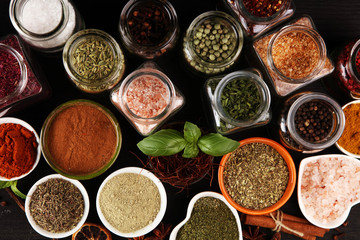 Spices and herbs on table. Food and cuisine ingredients with pepper