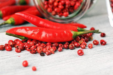 red hot bird chili pepper with pepper corns