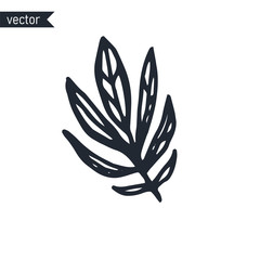 Hand-drawn ink outline of branch with leaves isolated on white background, vector illustration.