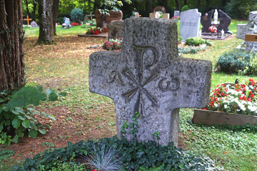 Christ monogram on a gravestone in cross shape