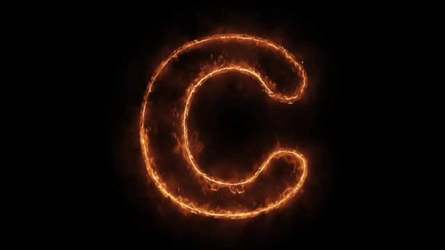 Alphabet C Word Hot Animated Burning Realistic Fire Flame and Smoke Seamlessly loop Animation on Isolated Black Background. Fire Word, Fire Text, Flame word, Flame Text, Burning Word, Burning Text.