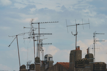 Photography of the roofs of houses in France. French street lifestyles concepts. The city is...