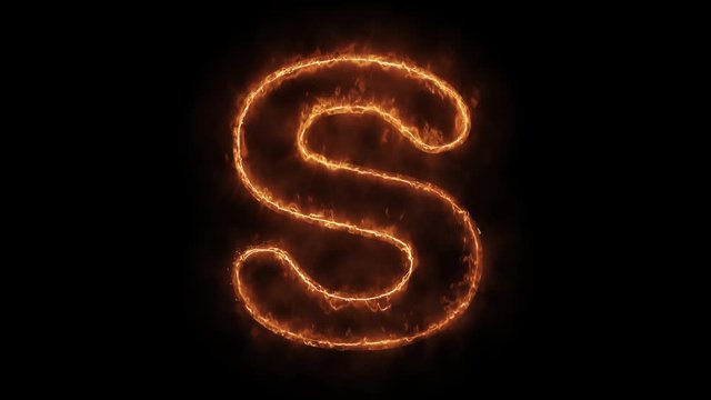 Alphabet S Word Hot Animated Burning Realistic Fire Flame and Smoke Seamlessly loop Animation on Isolated Black Background. Fire Word, Fire Text, Flame word, Flame Text, Burning Word, Burning Text.