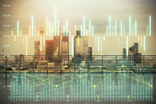 Forex graph hologram with city view from roof background. Double exposure. Financial analysis concept.