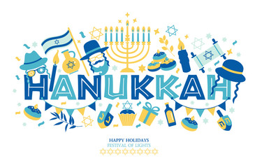 Jewish holiday Hanukkah greeting card and invitation traditional Chanukah symbols -dreidels spinning top, donuts, menorah candles, oil jar, star David illustration.