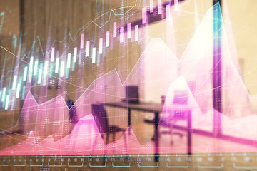 Business theme graph hologram with minimalistic cabinet interior background. Double exposure. Stock market concept.