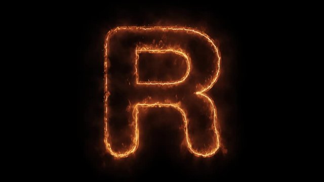 Alphabet R Word Hot Animated Burning Realistic Fire Flame and Smoke Seamlessly loop Animation on Isolated Black Background. Fire Word, Fire Text, Flame word, Flame Text, Burning Word, Burning Text.