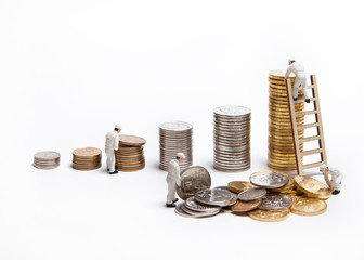 Little men in uniform sort Russian coins. Increase profit.