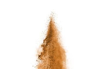 Brown powder explosion isolated on white background.