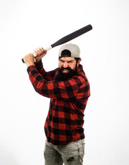 Sport, training, health. Sport equipment. Baseball player with baseball bat. Fashionable man wearing plaid shirt. Bearded man with baseball bat. Sports and baseball training. Power and energy concept.