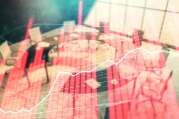 Double exposure of forex chart on conference room background. Concept of stock market analysis