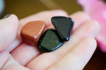 Tumbled Red Goldstone, Blue Goldstone, and Green Goldstone! Sparkling healing crystals, magical witchy stones for reiki healing and energy work! Rainbow of tumbled stones natural lighting photoagraphy