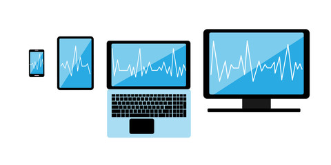 Cross-platform web content. Devices - smartphone, tablet, laptop and desktop computer with open web pages in a browser and a place for text. Cardiogram on all screens. Multi-platform content