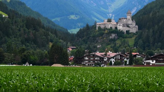 Beautiful view of Campo Tures with Taufers Castle. Valle Aurina near Brunico, South Tyrol in Italy.