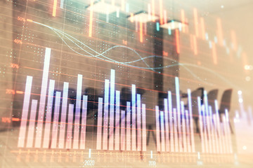 Multi exposure of stock market graph on conference room background. Concept of financial analysis