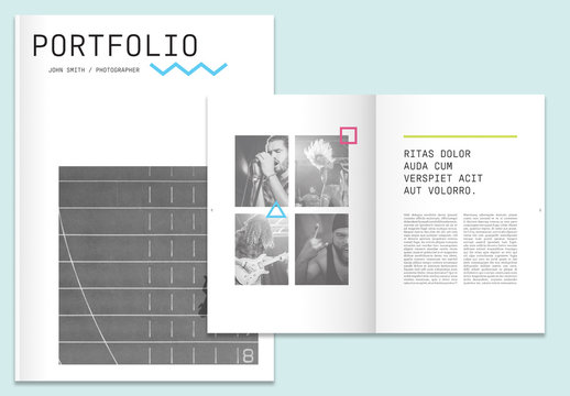 Black and White Magazine Layout with Colorful Geomtric Elements