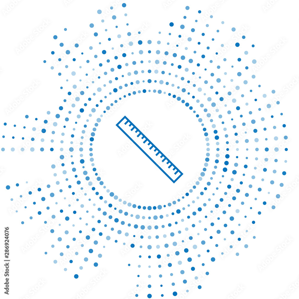 Poster blue line ruler icon isolated on white background. straightedge symbol. abstract circle random dots.