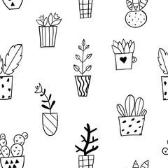 Seamless pattern with hand drawn flower pots