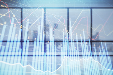 Double exposure of financial chart on empty room interior background. Forex market concept.