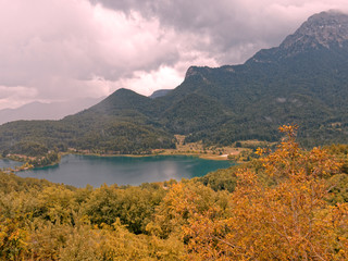 scenic autumn view at mountain lake Doxa, Peloponnese Greece