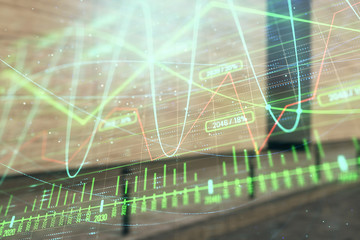 Double exposure of stock market graph on empty exterior background. Concept of analysis