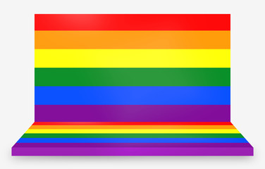 3d rendering. Rainbow color lgbt symbol flag stage on gray background.