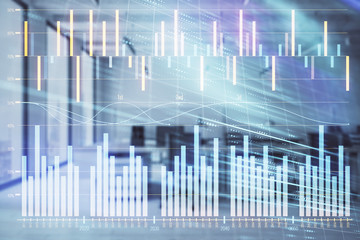 Stock and bond market graph with trading desk bank office interior on background. Multi exposure. Concept of financial analysis