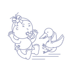 stork and cute baby girl with pacifier