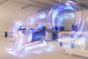 SEO icon hud with office interior on background. Double exposure. Concept of data search