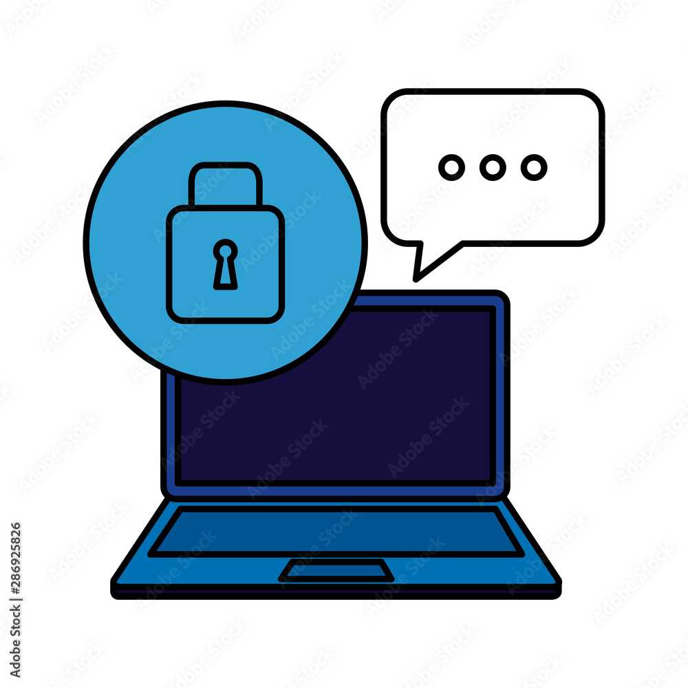 Poster laptop computer with padlock and speech bubble