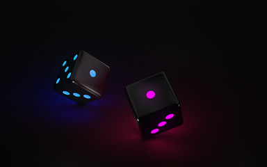 Dices With Futuristic Neon Lights On The Black Backgound - 3D Illustration