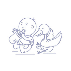 stork and cute baby boy with bottle milk