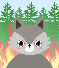 Sad wolf with big eyes in which the flame is reflected. Vector illustration on the theme of Wild Fire.