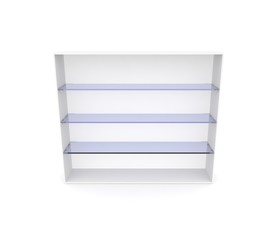 An empty showcase with blue glass shelves. White isolated background