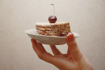 Home waffle cake in the hand and cherry